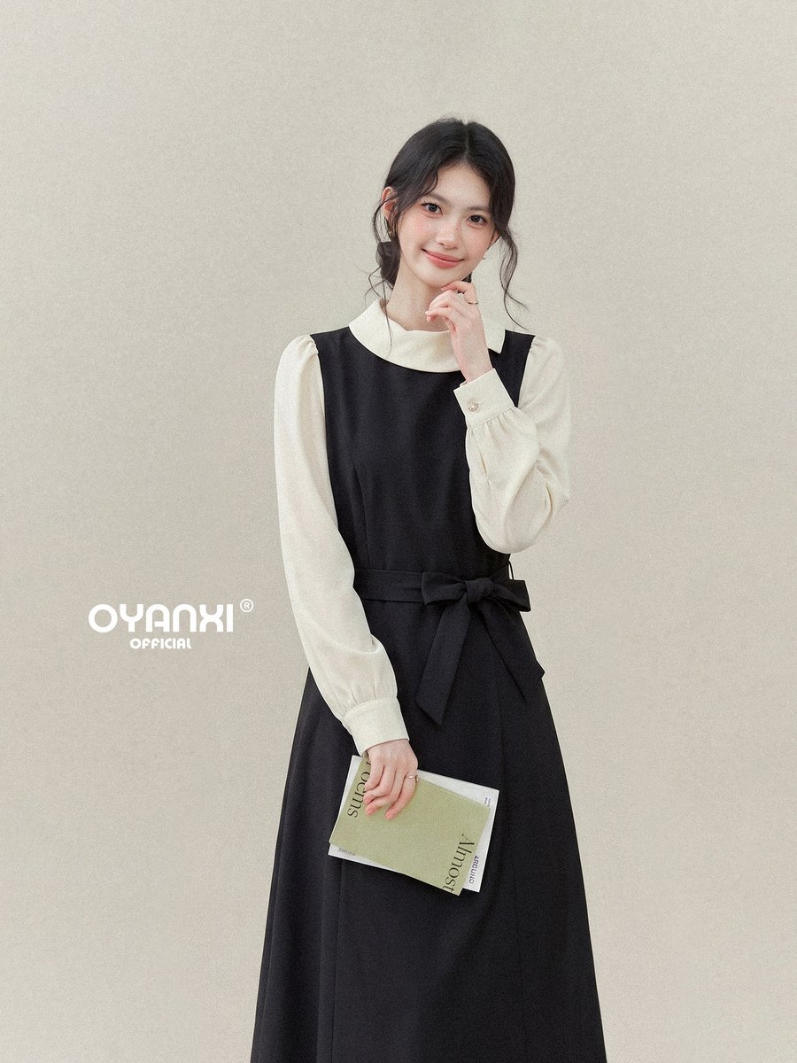 OYANXI バイカラー 小襟 リボン ウエストシェイプ ロングワンピース
