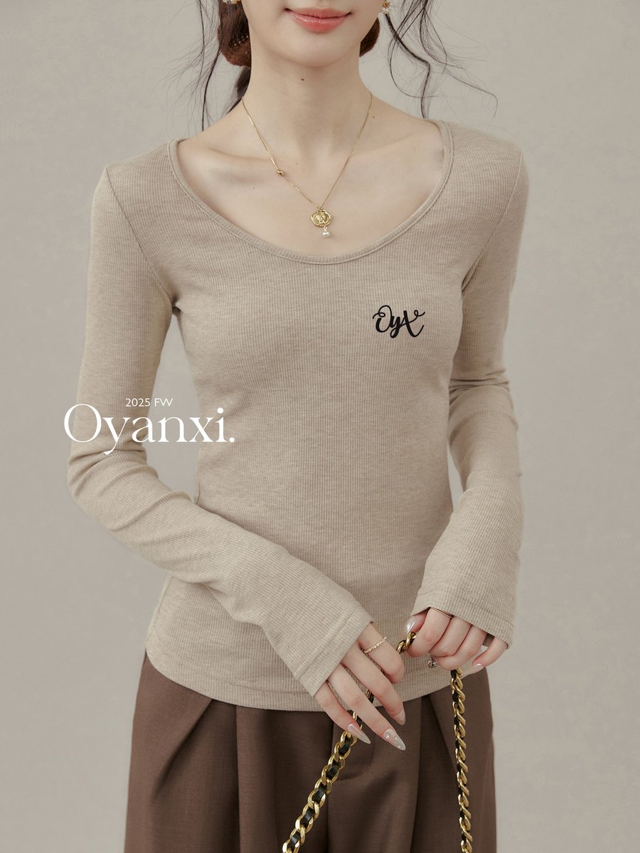 OYANXI ディープクルーネック スリム 長袖カットソー