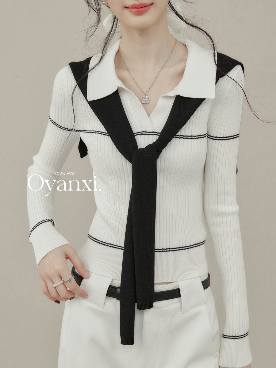 OYANXI ポロカラー ニットトップス＆ショール 2点セット