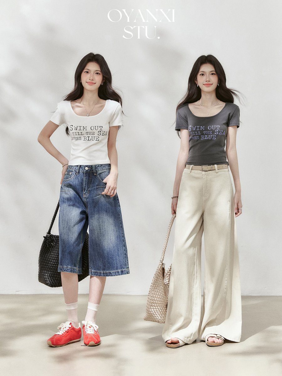 OYANXI ロゴプリント Uネック 半袖Tシャツ