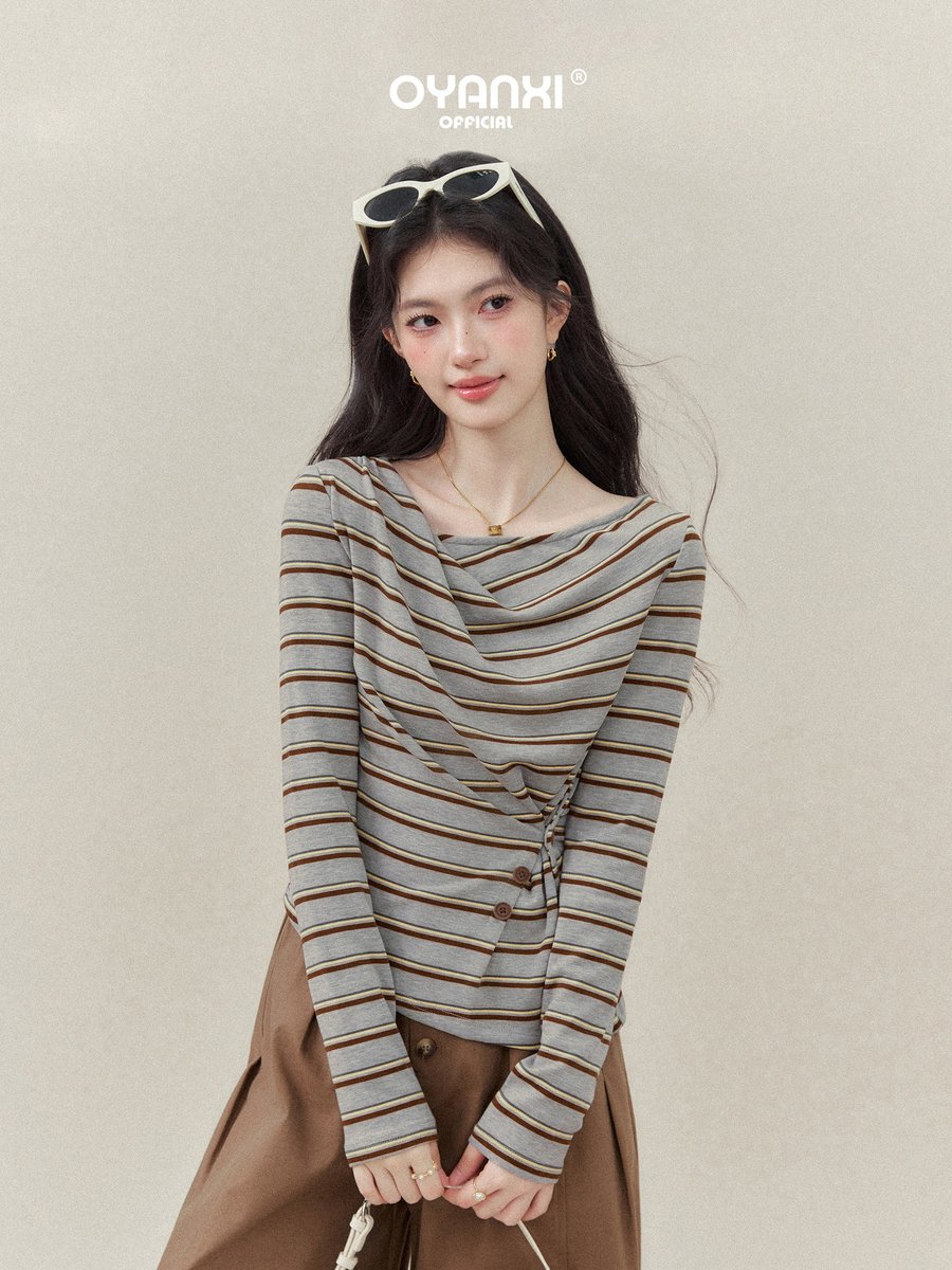 OYANXI ボーダー ドレープネック ツイスト 長袖Tシャツ