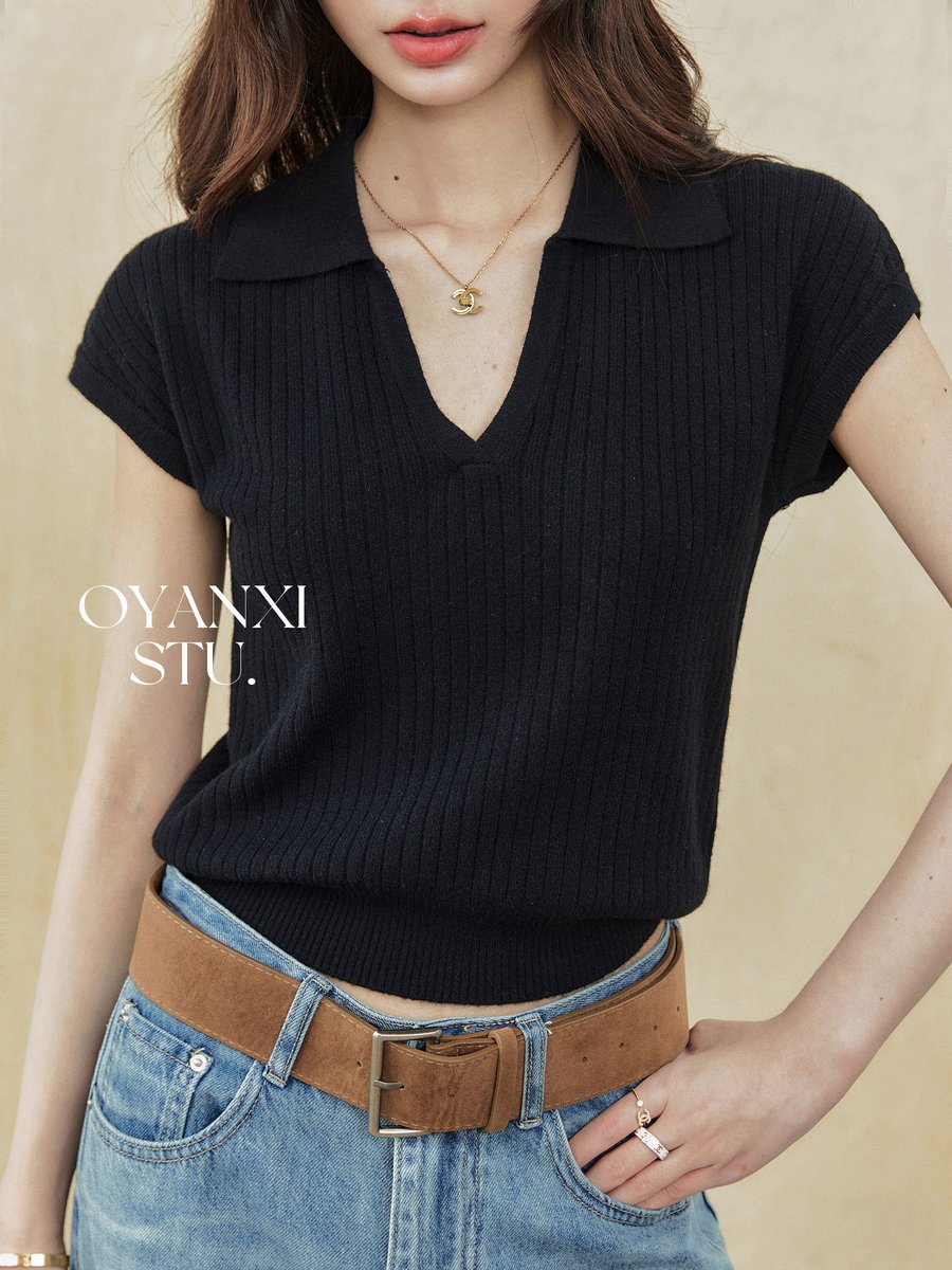 OYANXI Vネック ゆったり 半袖Tシャツ ブラック