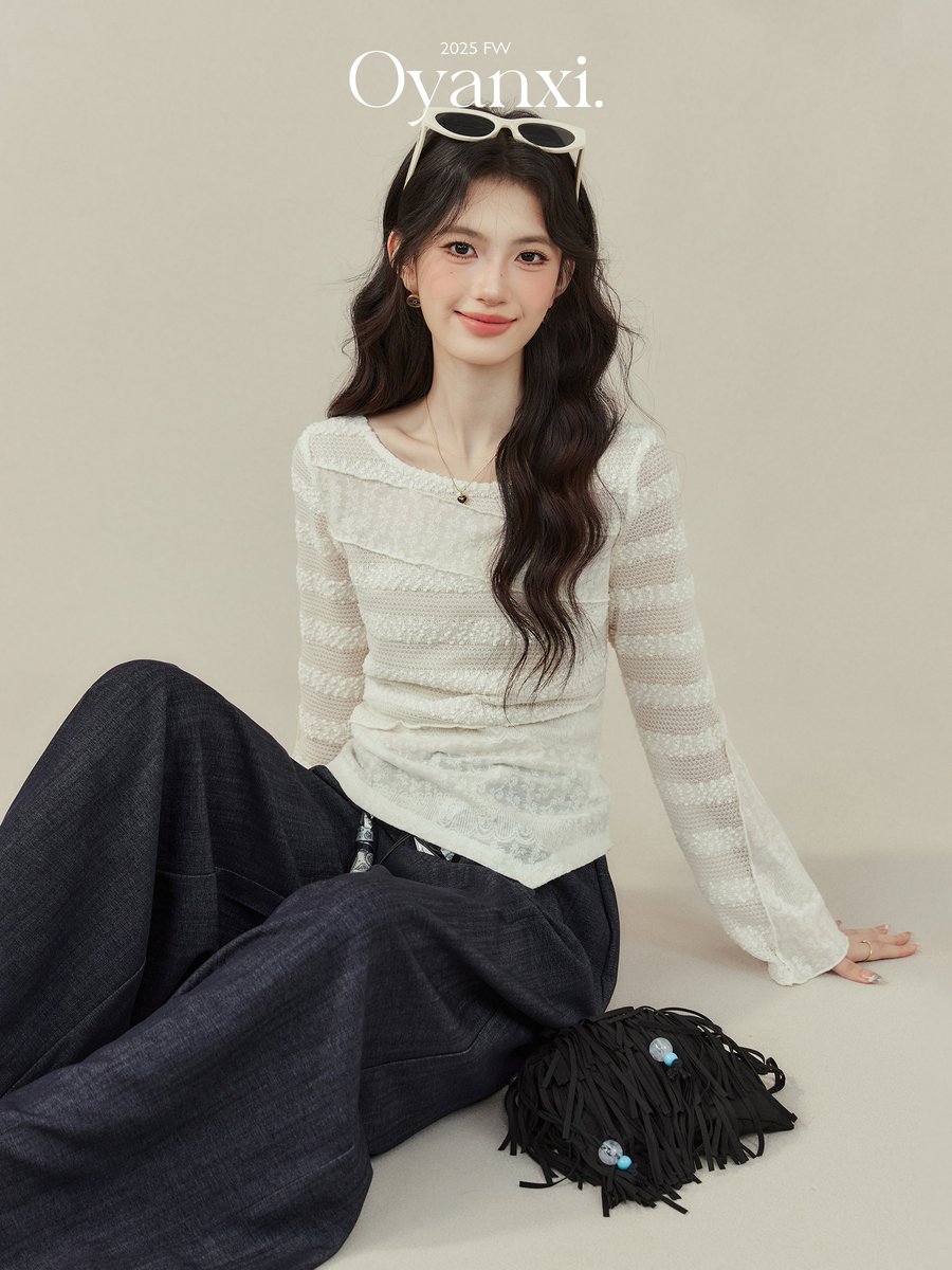 OYANXI ハイウエスト ストレート ワイドパンツ ダークブルー