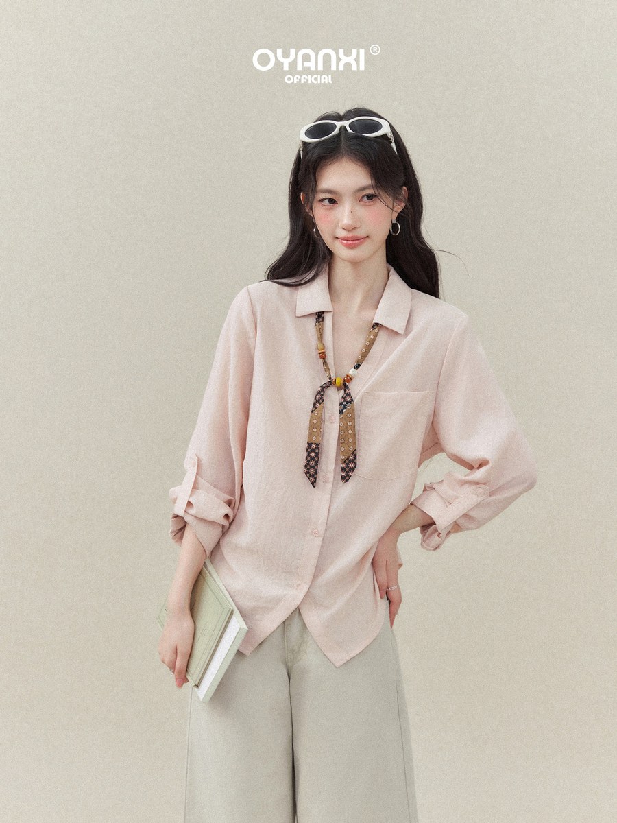 OYANXI スカーフ付き Vネック ゆったりシャツ