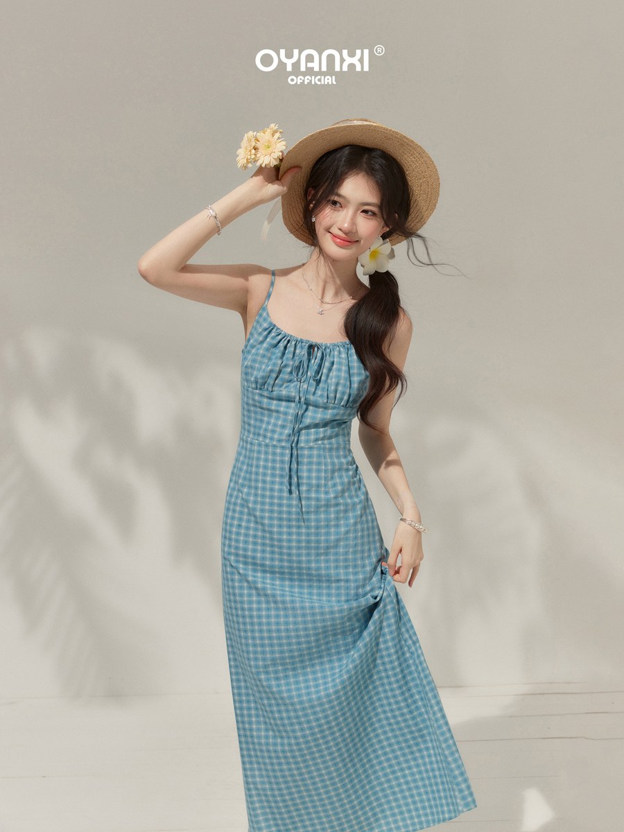 OYANXI チェック柄 サイドスリット キャミロングワンピース