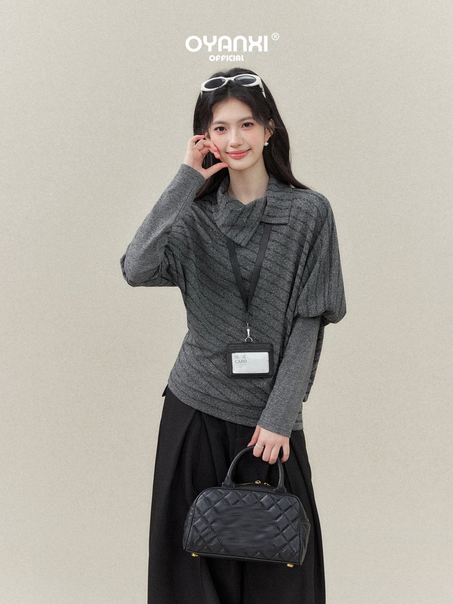 OYANXI ハイネック ボーダー フェイクレイヤード ドルマンTシャツ