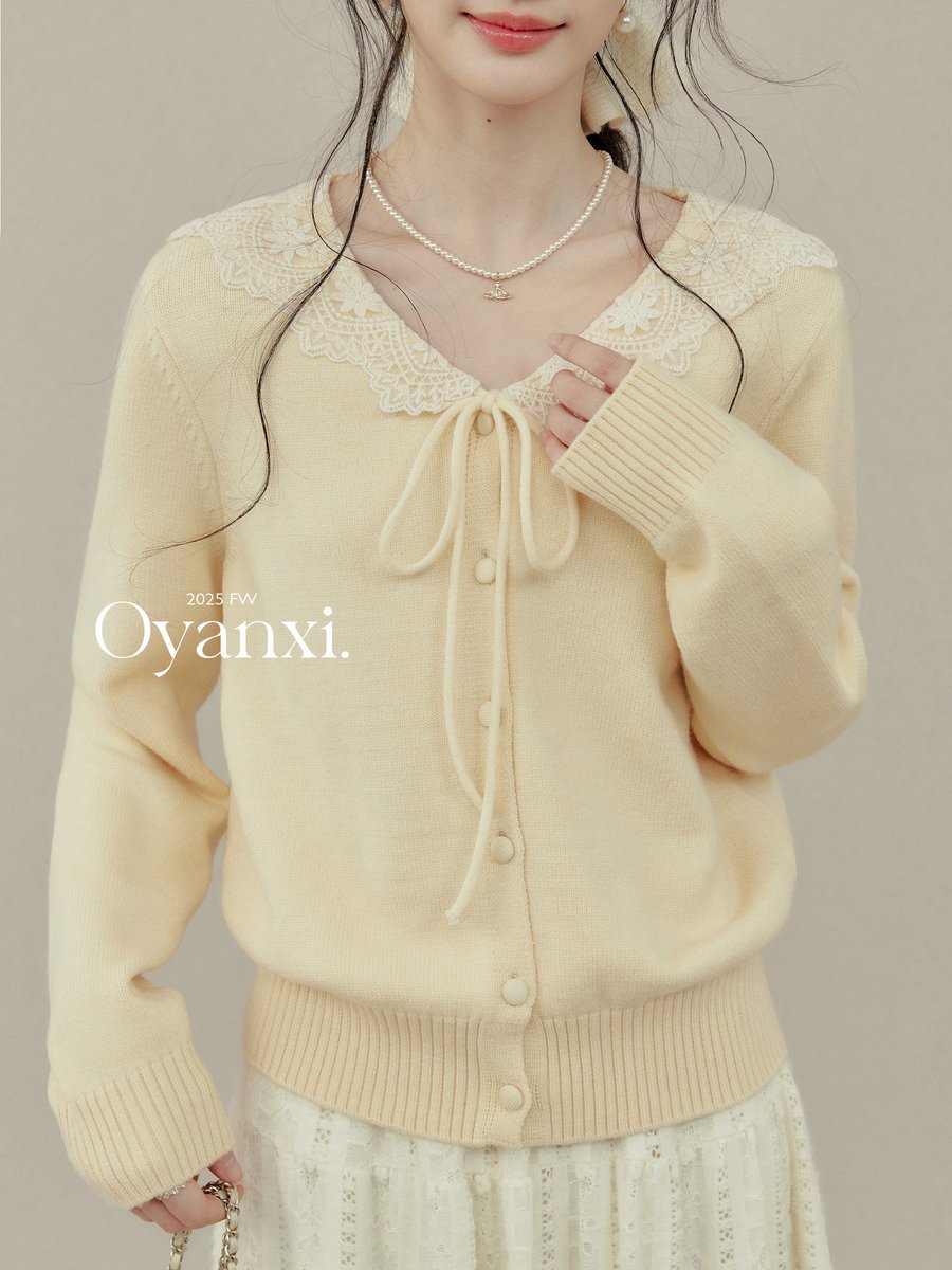 OYANXI 襟付き リボンタイ イエローニットカーディガン