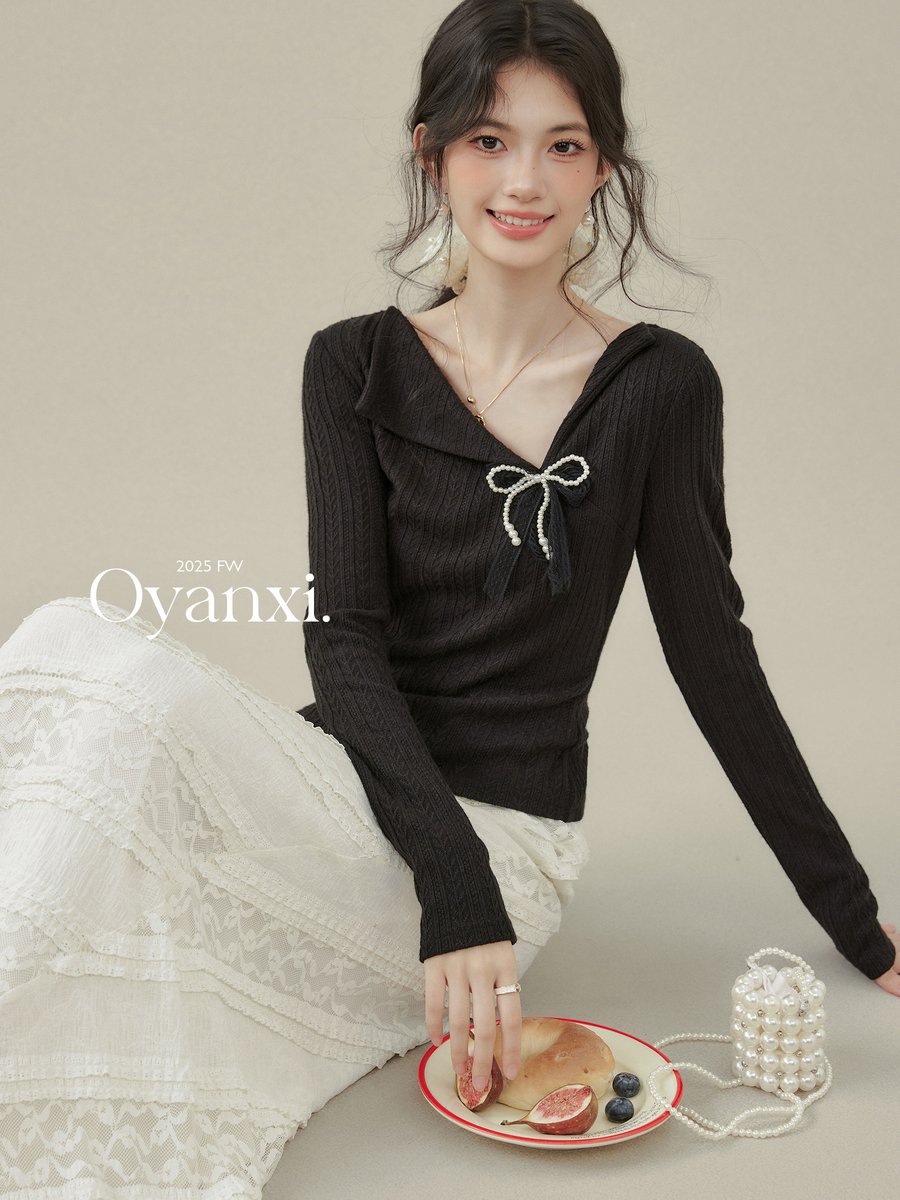 OYANXI リボン 長袖Tシャツ ブラック