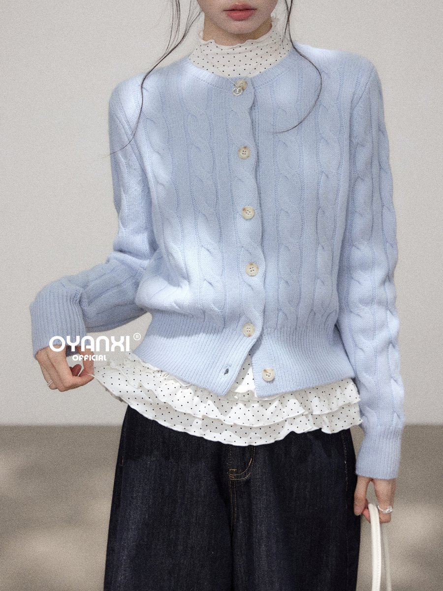 OYANXI ケーブル編み クルーネック シングルボタン ニットカーディガン