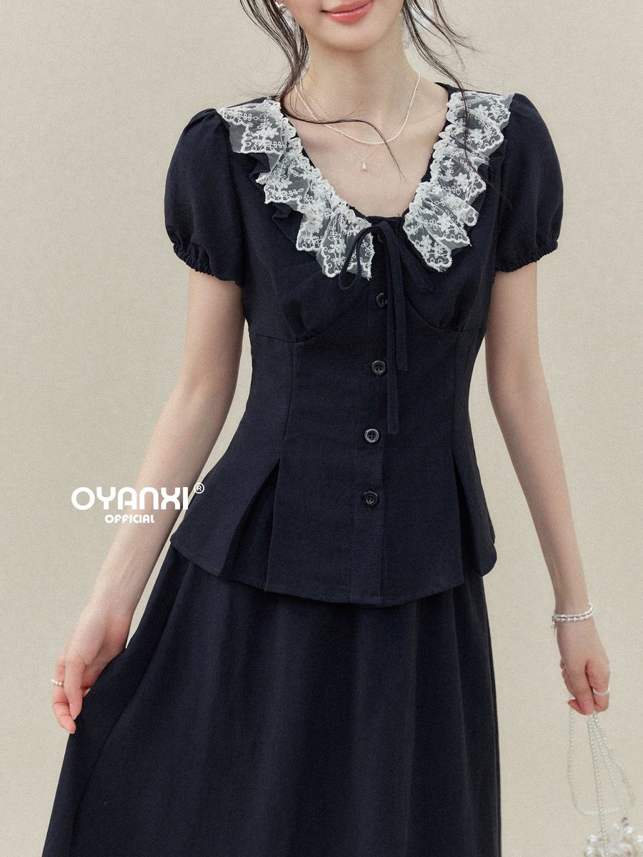 OYANXI レーストリム 半袖シャツ＆ウエストゴムスカート セットアップ
