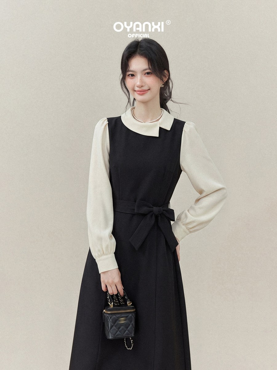 OYANXI バイカラー 小襟 リボン ウエストシェイプ ロングワンピース