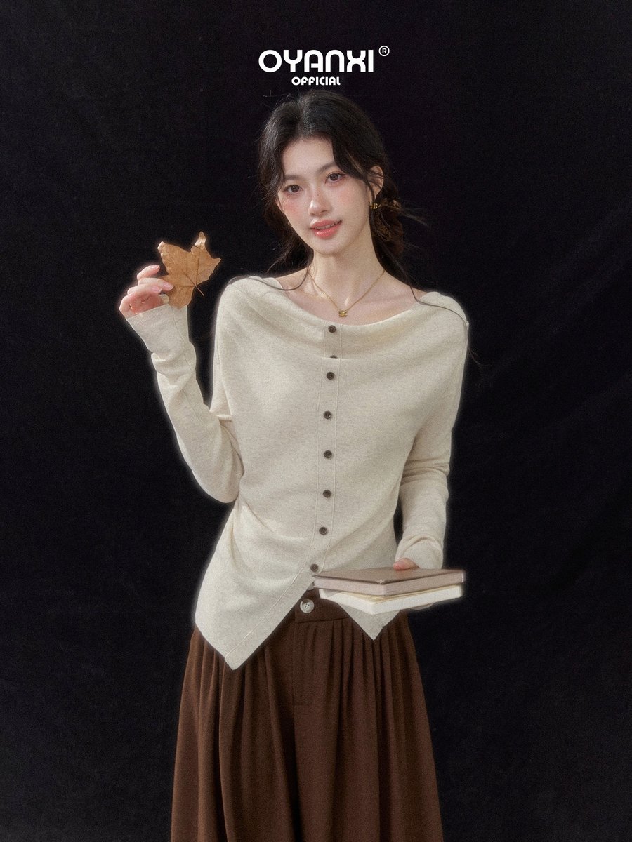 OYANXI ドレープネック アシンメトリーヘム スリム 長袖ニット