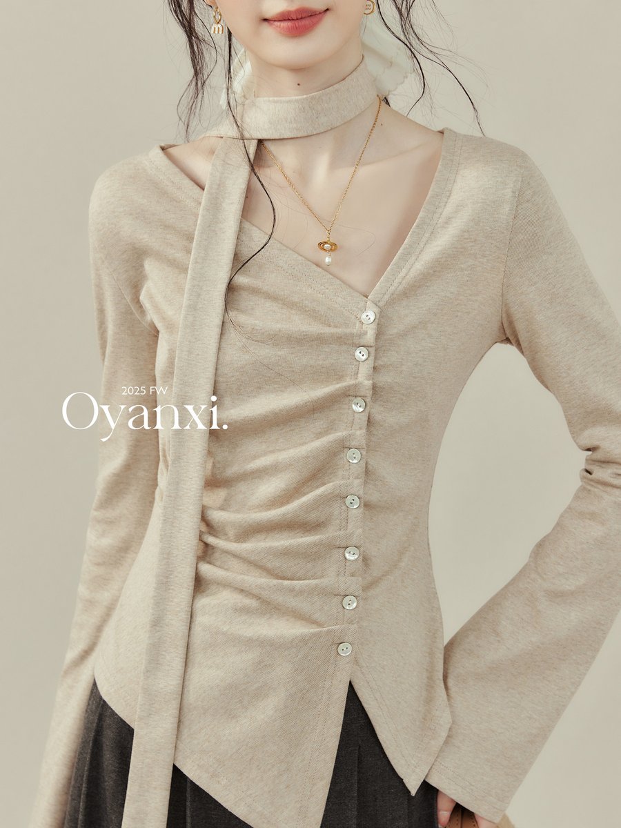OYANXI ワンショルダー リボン 長袖Tシャツ