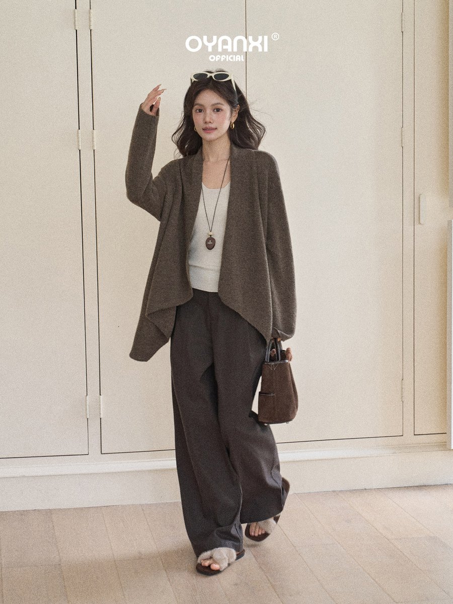 OYANXI ショールカラー ワイドスリーブ アシンメトリーヘム ニットカーディガン