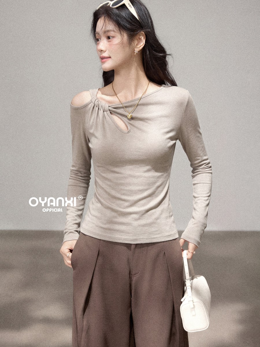 OYANXI アシンメトリーネック ギャザー 長袖Tシャツ