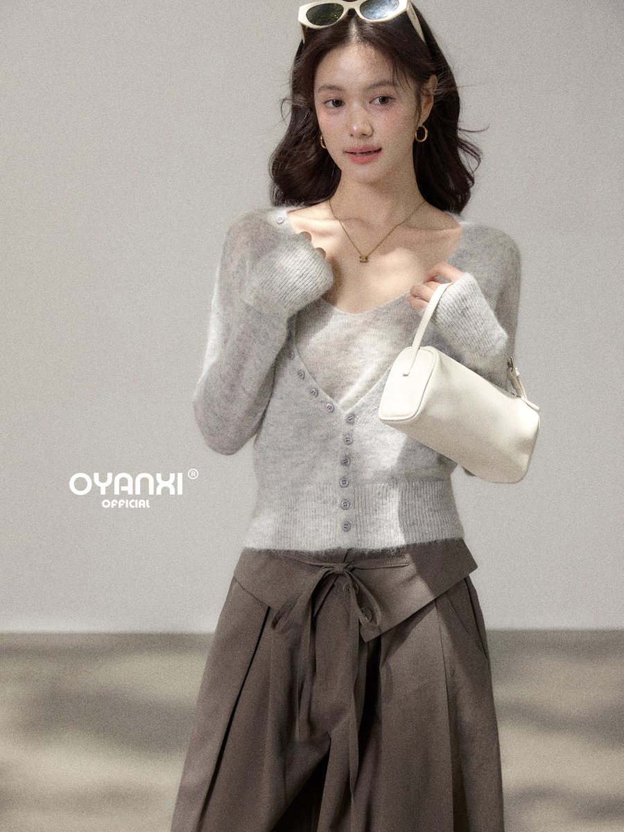 OYANXI ラメ 深Vネック ニットカーディガン