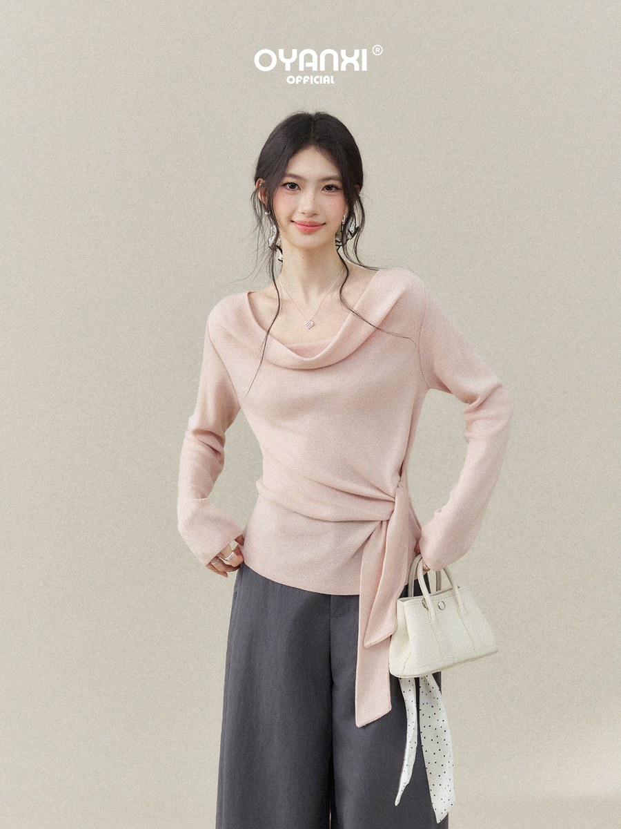 OYANXI ドレープネック ウエストリボン 長袖ニット