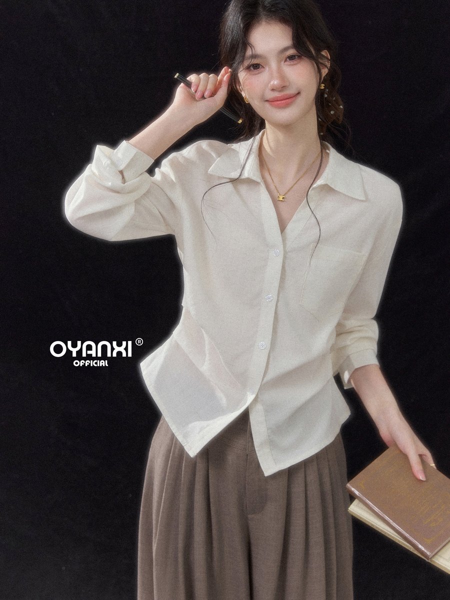 OYANXI V字開襟 ギャザー ウエストシェイプ 長袖シャツ