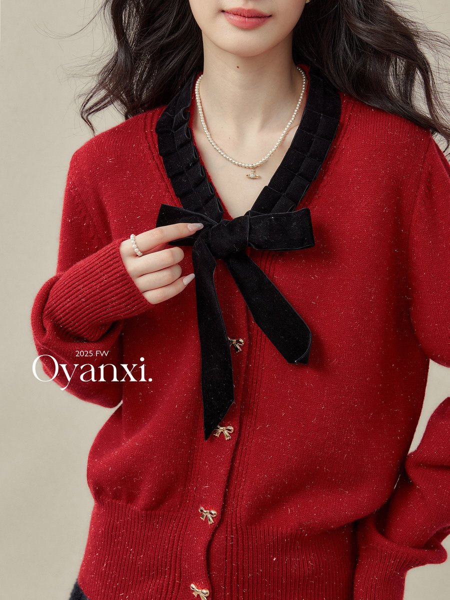 OYANXI ベルベットリボン Vネック ニットカーディガン