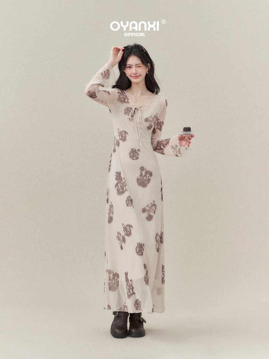 OYANXI プリント Vネック シアー フレアスリーブ ロングワンピース