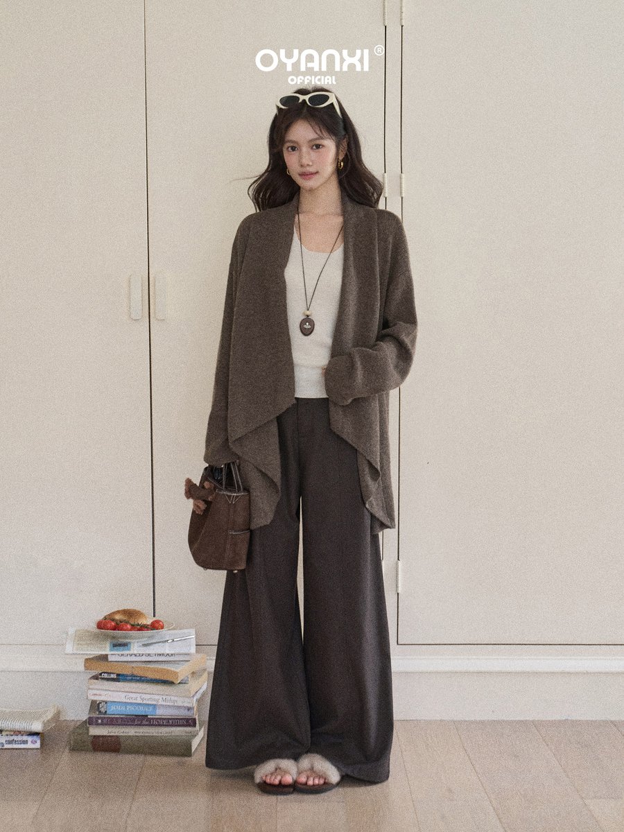 OYANXI ショールカラー ワイドスリーブ アシンメトリーヘム ニットカーディガン