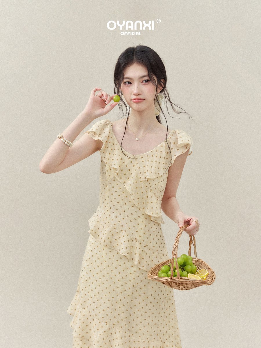 OYANXI ドット柄 フリル ウエストシェイプ ワンピース