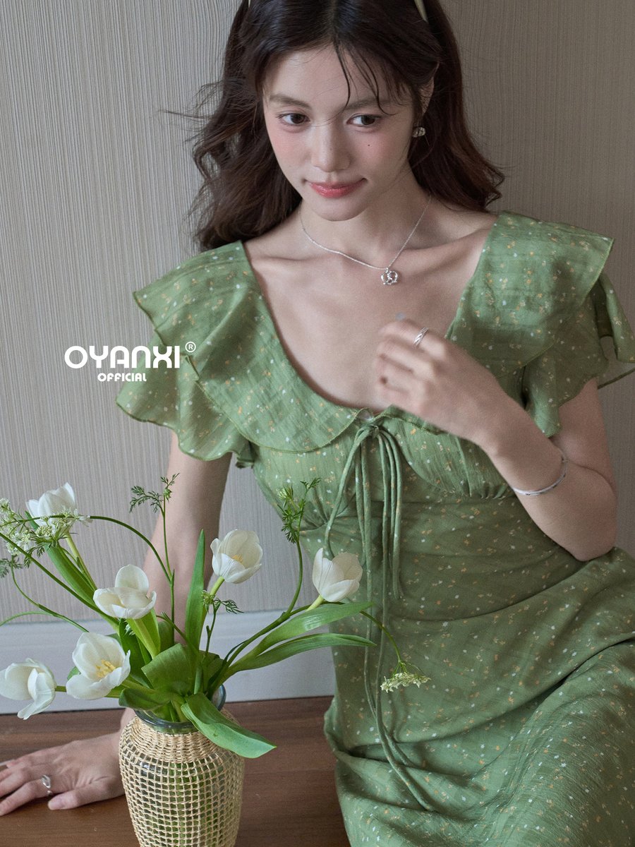 OYANXI 小花柄 Vネック フリルスリーブ ロングワンピース