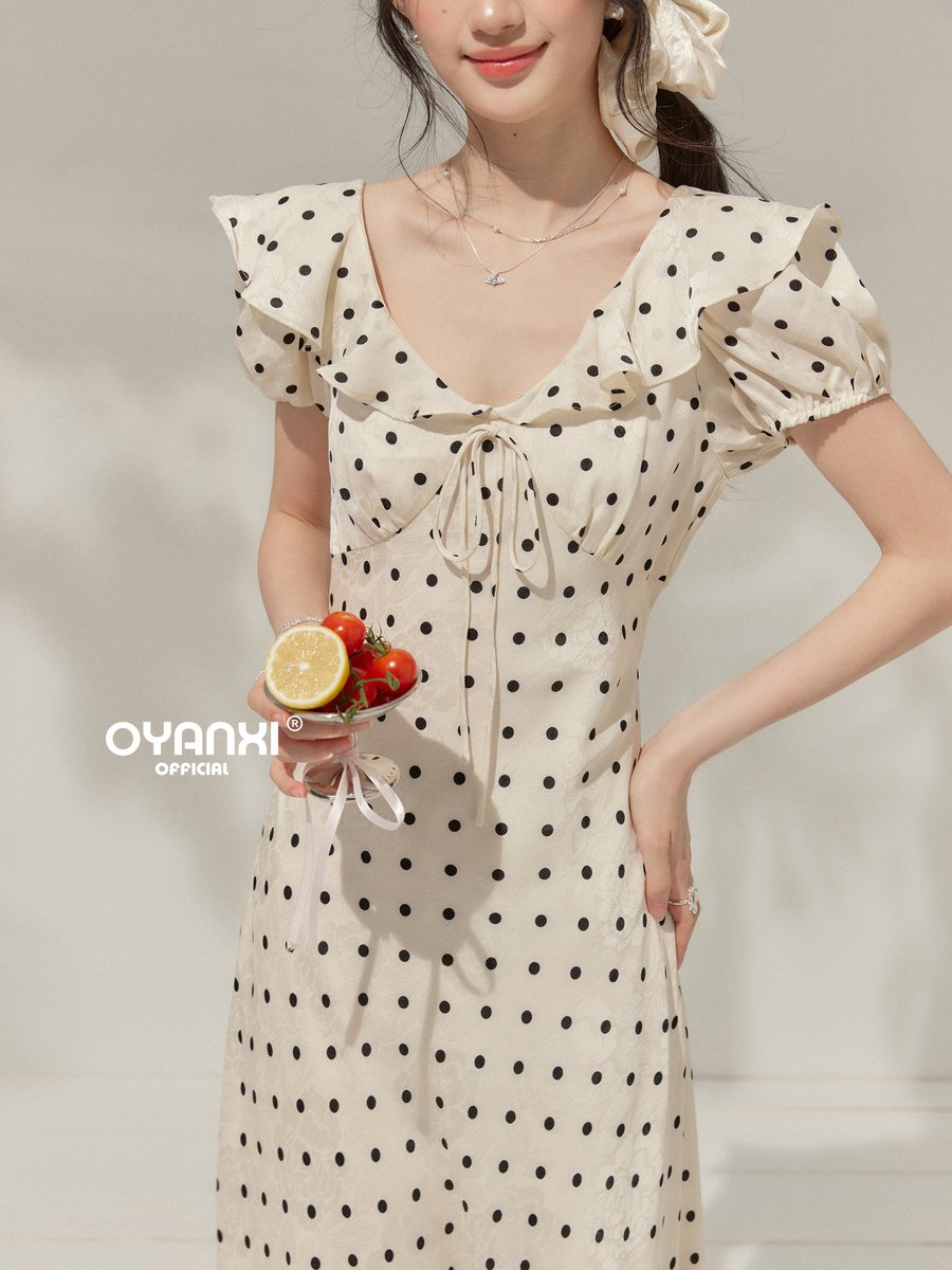 OYANXI ドット柄 Vネック フリル ロングワンピース