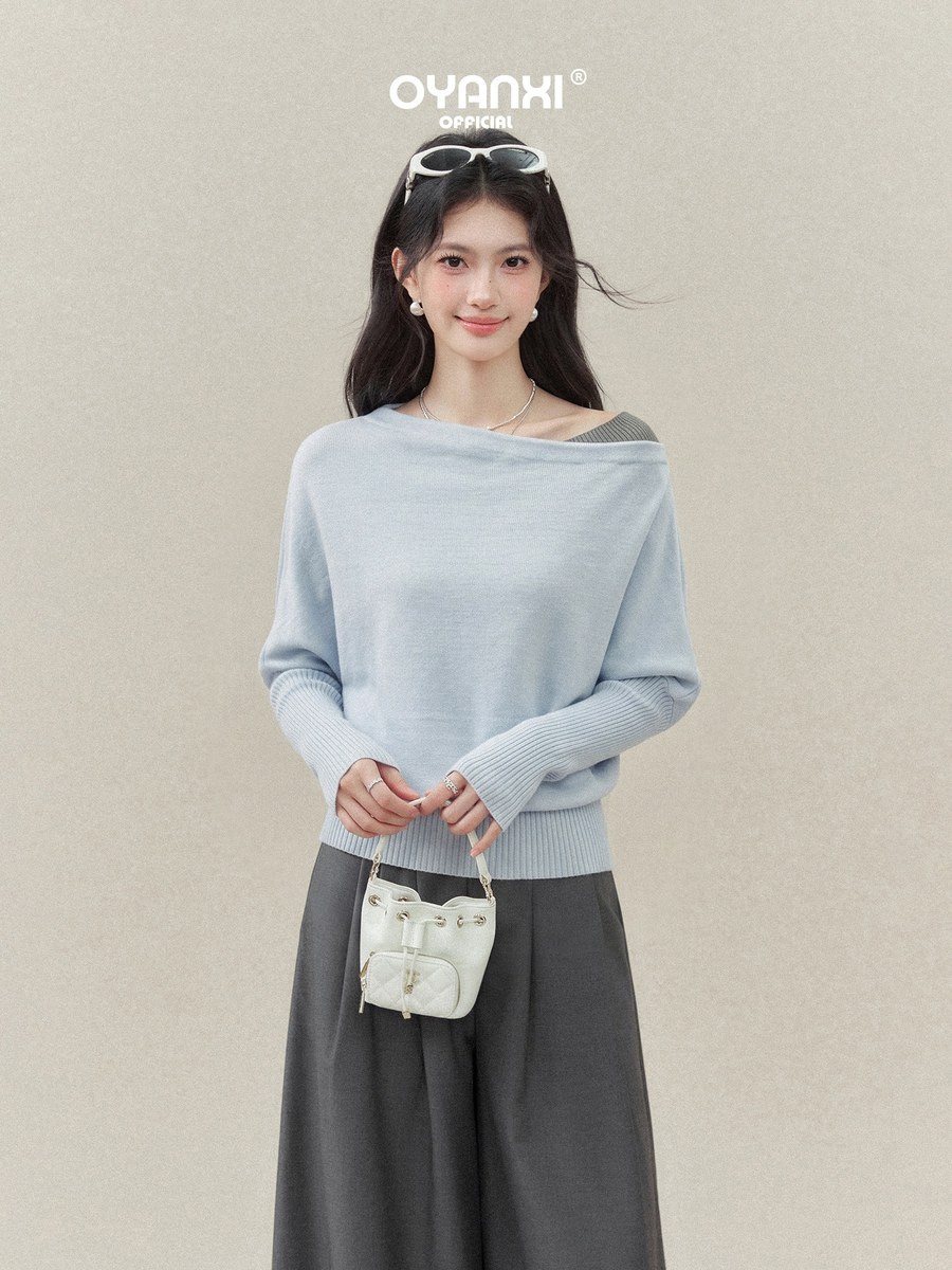 OYANXI フェイクレイヤード アシンメトリーネック ニットトップス