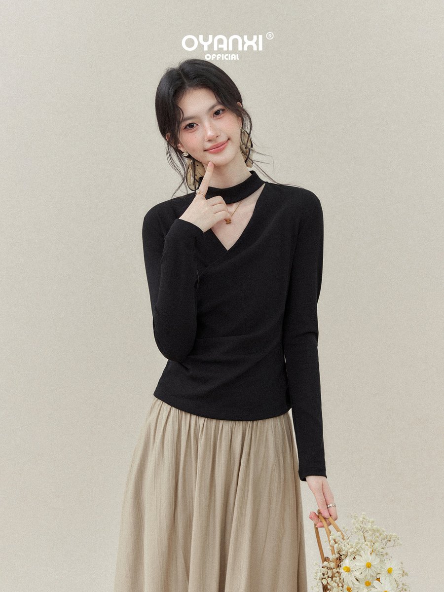 OYANXI ネックループ クロスVネック 長袖Tシャツ