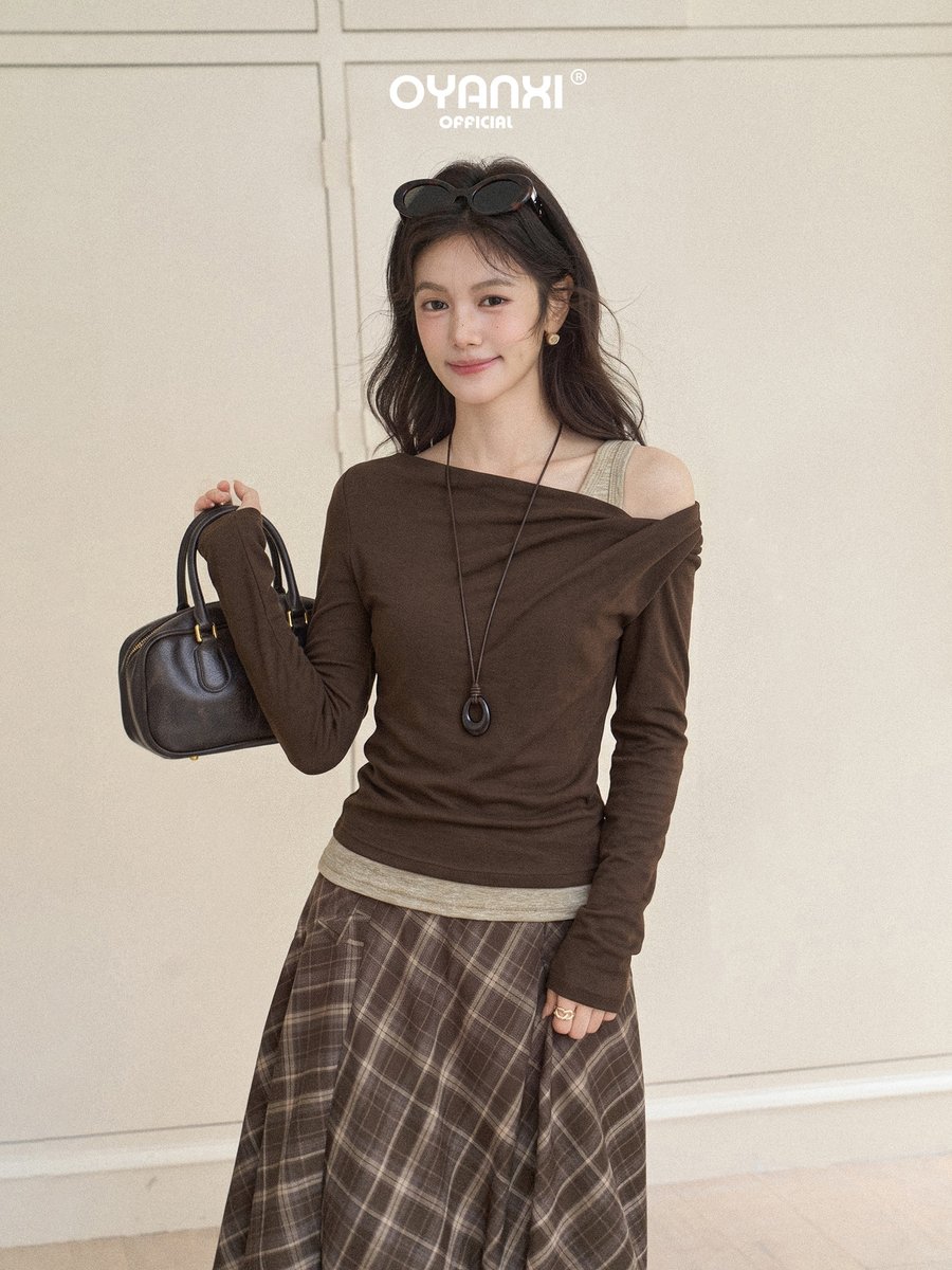 OYANXI フェイクレイヤード アシンメトリーショルダー 長袖Tシャツ