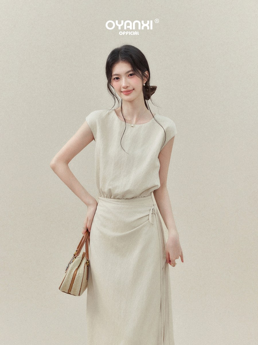 OYANXI シンプル クルーネック ウエストシェイプ ワンピース