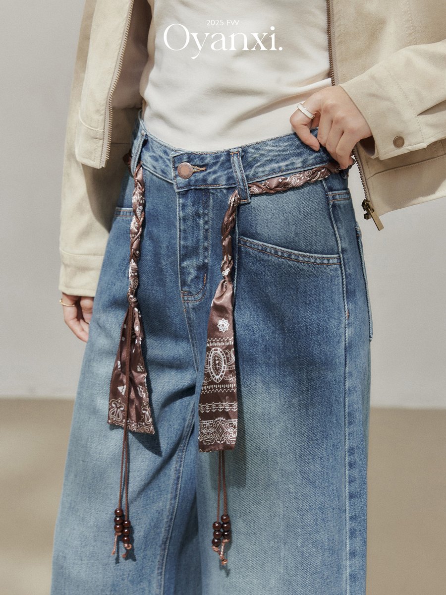 OYANXI ハイウエスト ストレート ワイドデニムパンツ