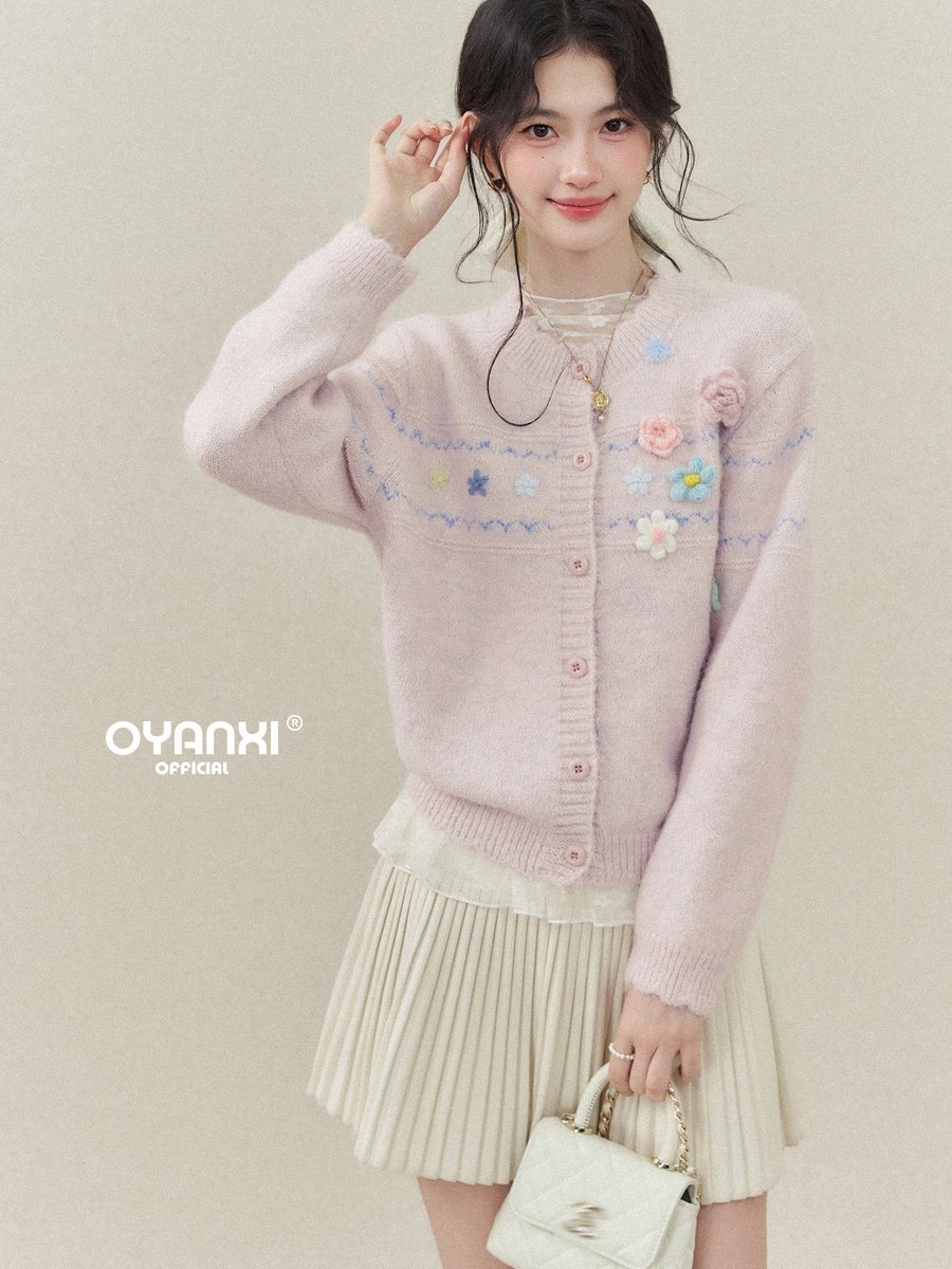 OYANXI マルチカラー 立体フラワー 長袖ニットカーディガン