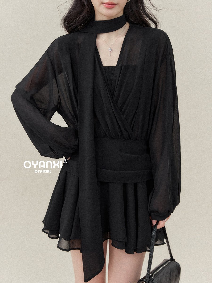 OYANXI Vネック 長袖ロングワンピース ニットチューブトップ付き