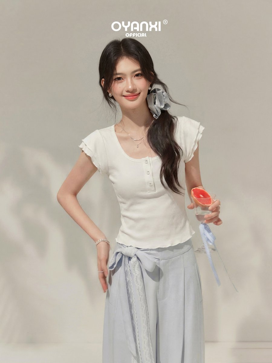 OYANXI Uネック フレアスリーブ ショート丈Tシャツ