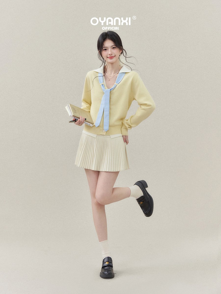 OYANXI ネクタイ付き 配色 Vネック ショート丈ニットカーディガン