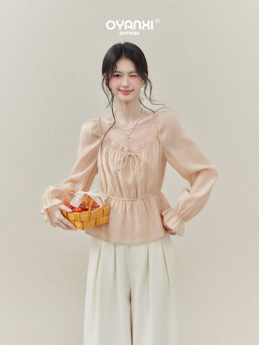 OYANXI フリル パフスリーブ リボン 長袖ブラウス