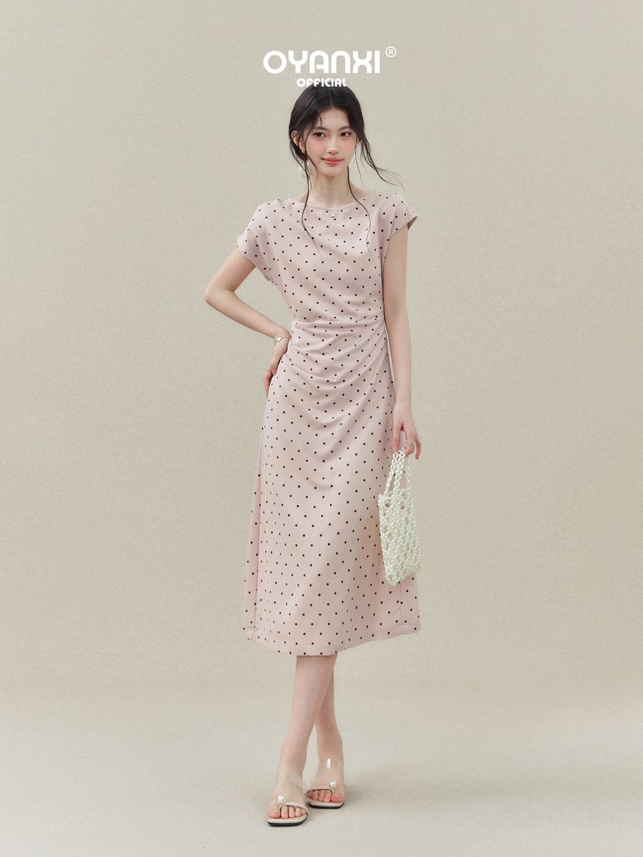OYANXI ドット柄 クルーネック ウエストシェイプ ワンピース