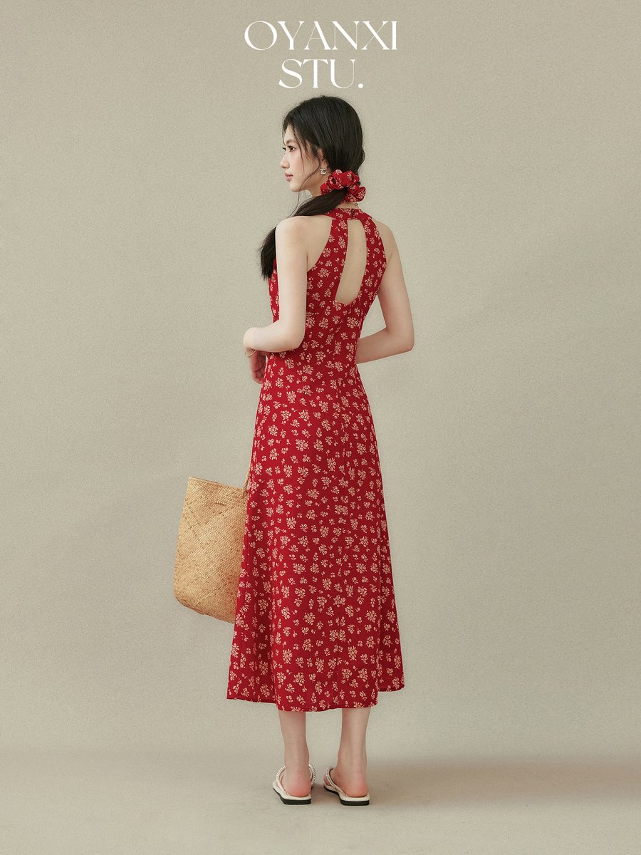 OYANXI 花柄 ホルターネック バックオープンワンピース