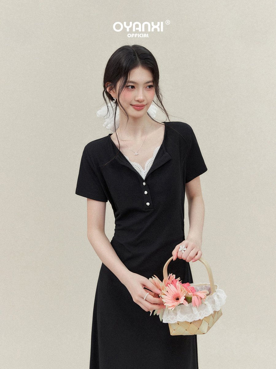 OYANXI フェイクレイヤード Vネック 半袖Aラインワンピース