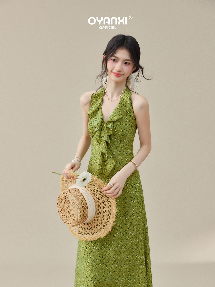 OYANXI 小花柄 ホルターネック Vネック ロングワンピース