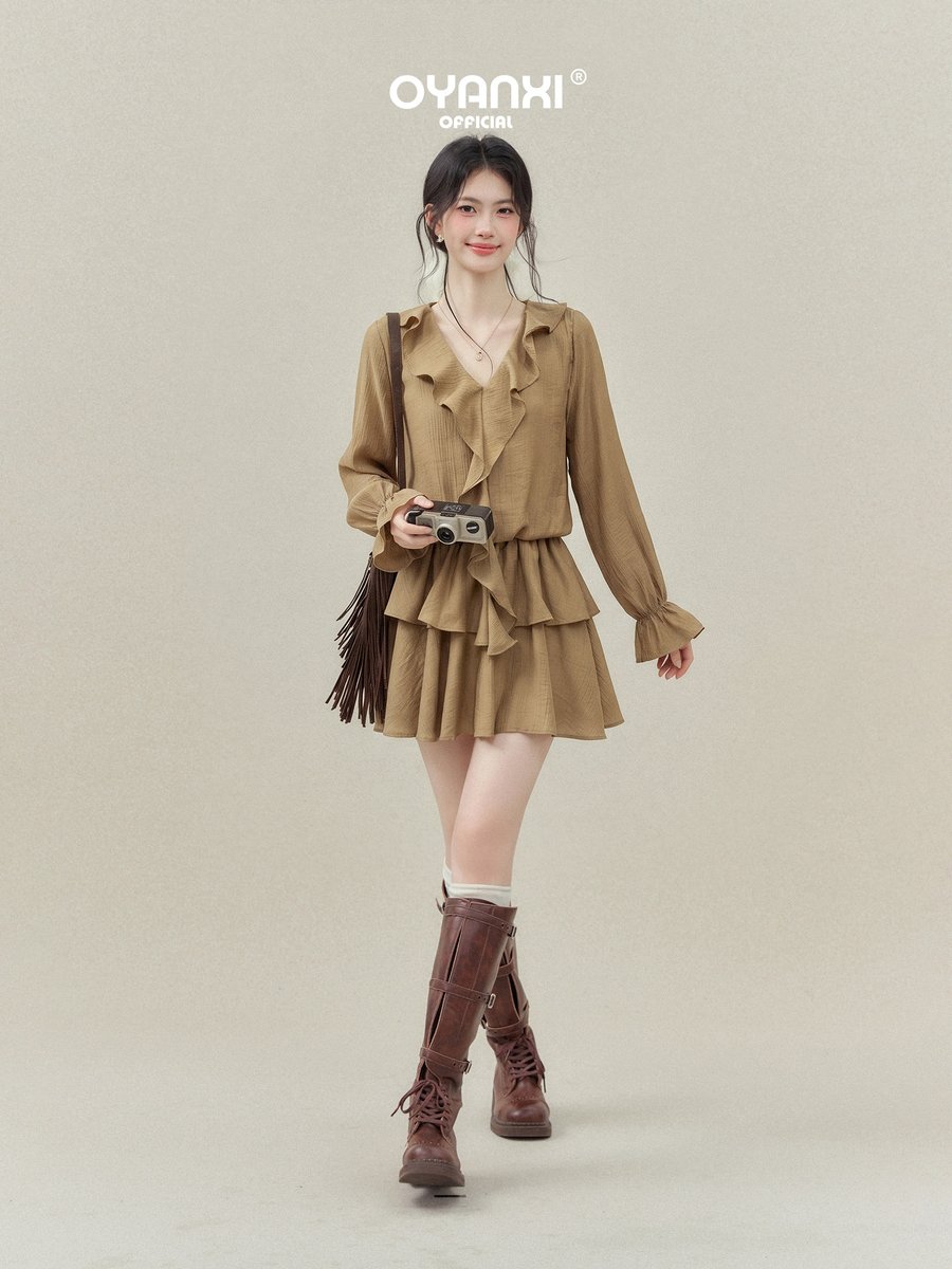 OYANXI フリル Vネック ワンピース×ベスト 2点セット