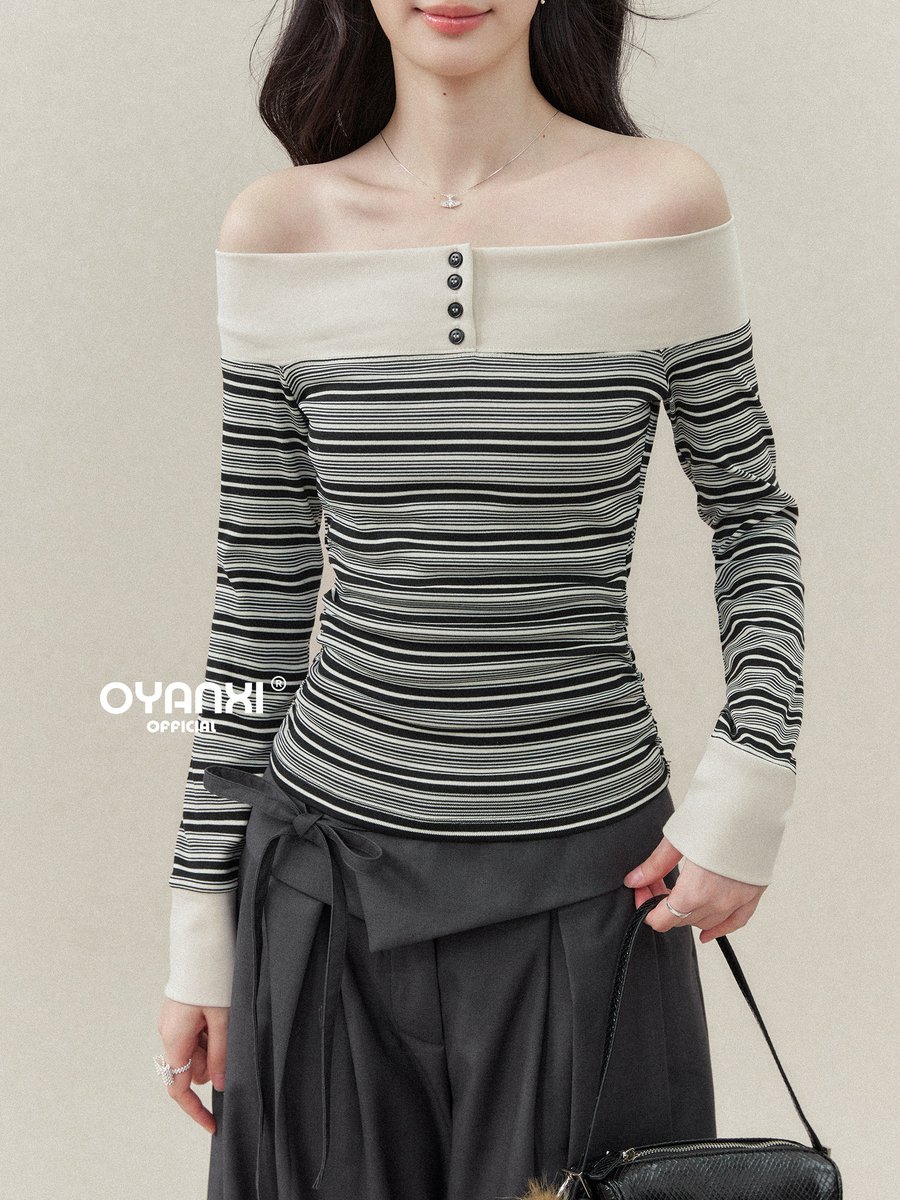 OYANXI 配色ネック ボーダー オフショルダー 長袖Tシャツ