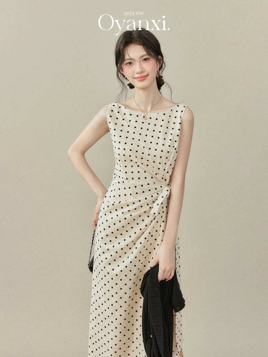 OYANXI ドット柄 ノースリーブ ロングワンピース