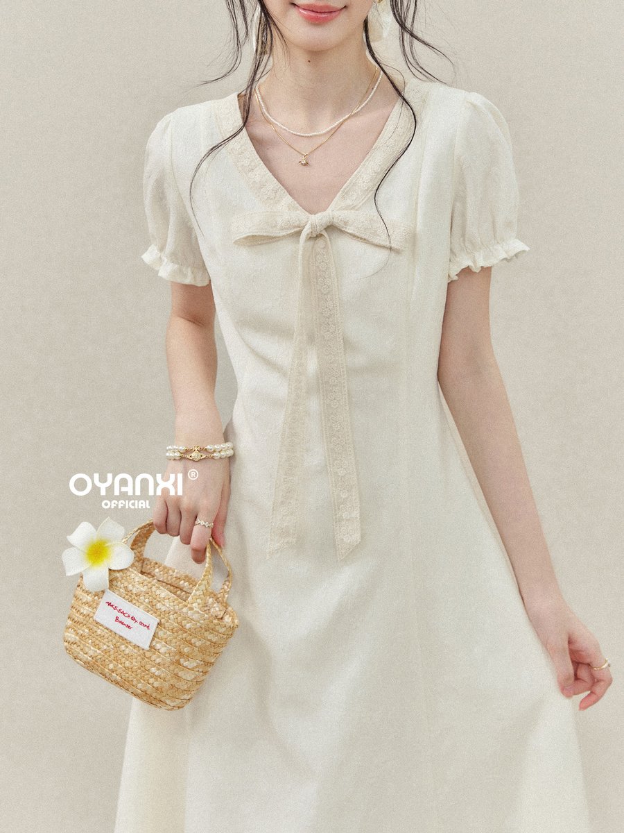 OYANXI Vネック リボン ウエストシェイプ 半袖ワンピース
