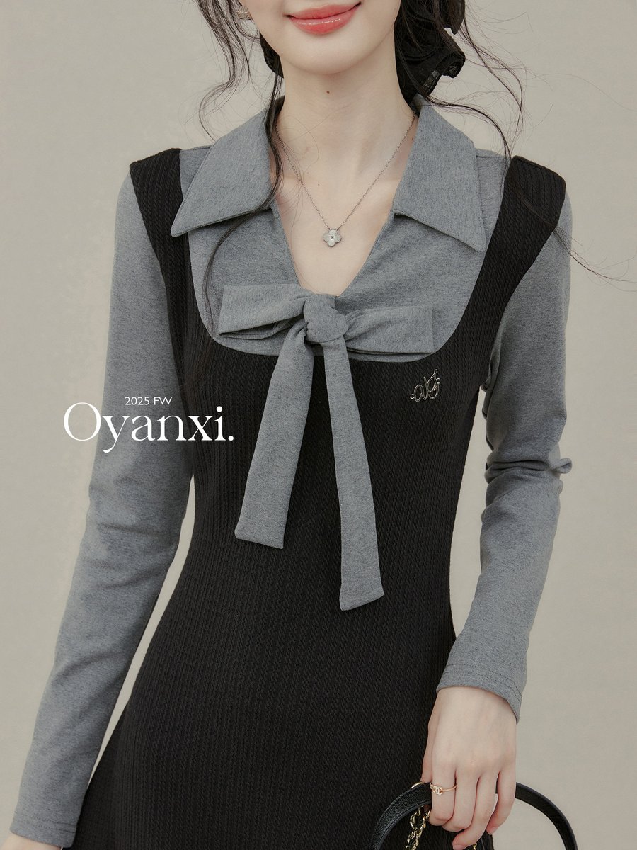 OYANXI プレッピー 切り替え ウエストシェイプ ロングワンピース