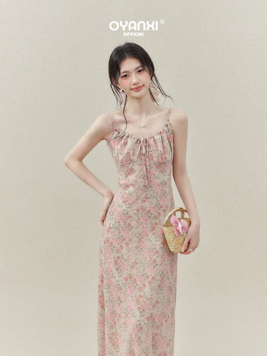 OYANXI 小花柄 キャミソール ウエストシェイプ ロングワンピース