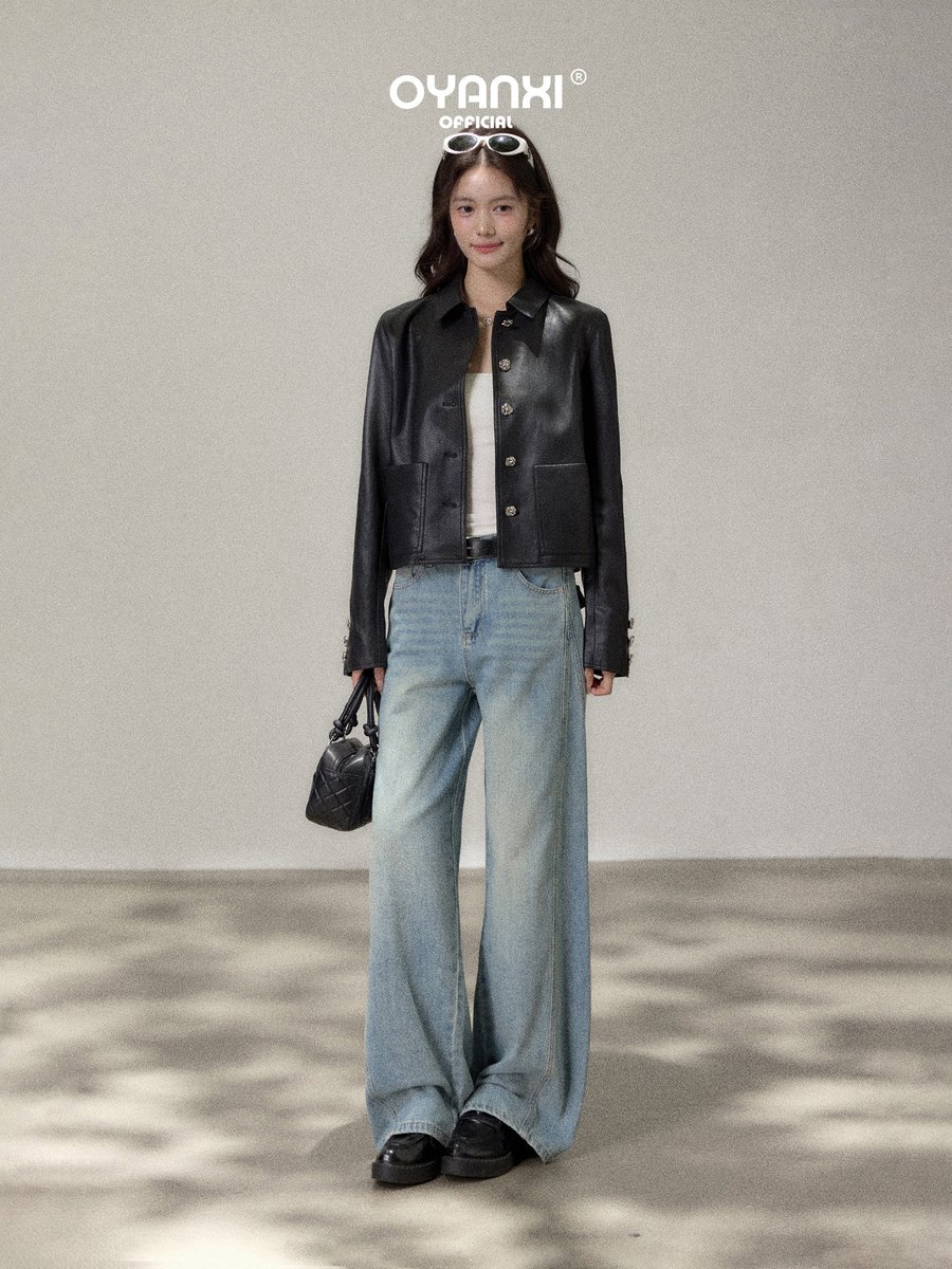 OYANXI ウォッシュド ハイウエスト ロング丈ワイドデニム