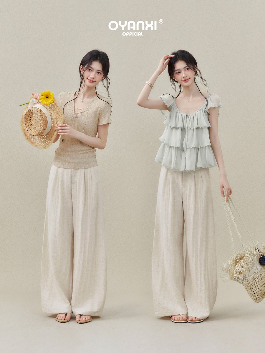 OYANXI 花柄 ハイウエスト ストレート ワイドパンツ